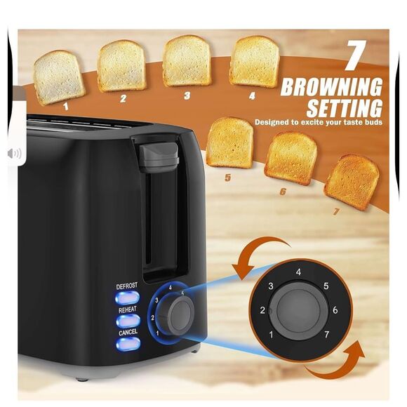 NEW Black Best Rated Wide Slot 2 slice Toaster, 7 Bread Shade Settings - Picture 6 of 8